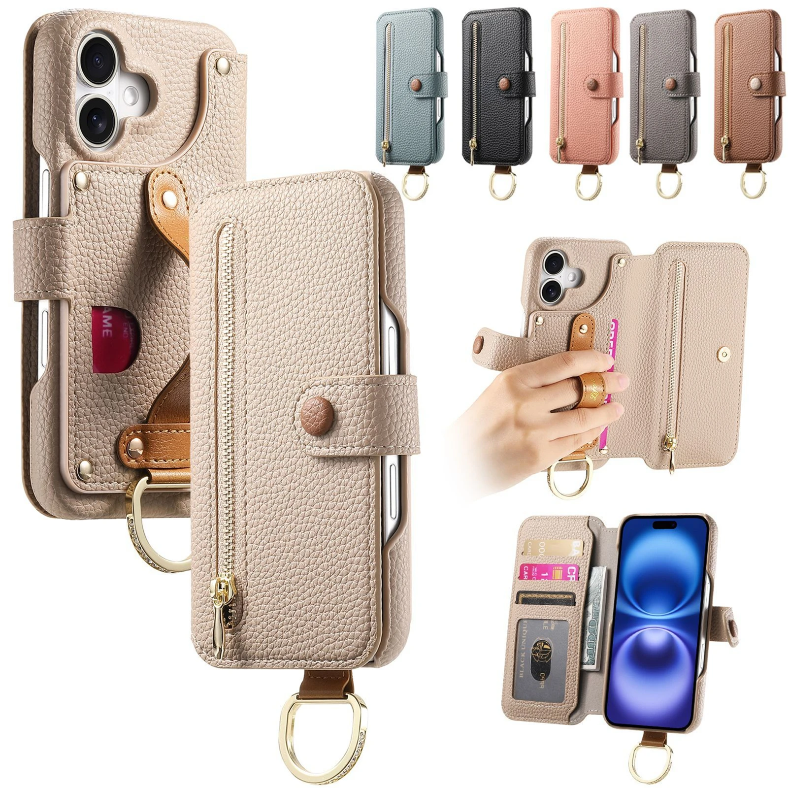 

Zipper Finger Ring Leather Phone Case for iPhone 17 Pro Max 13 12 14 15 16 Pro Max Plus Wrist Strap Wallet Card Slots Flip Cover
