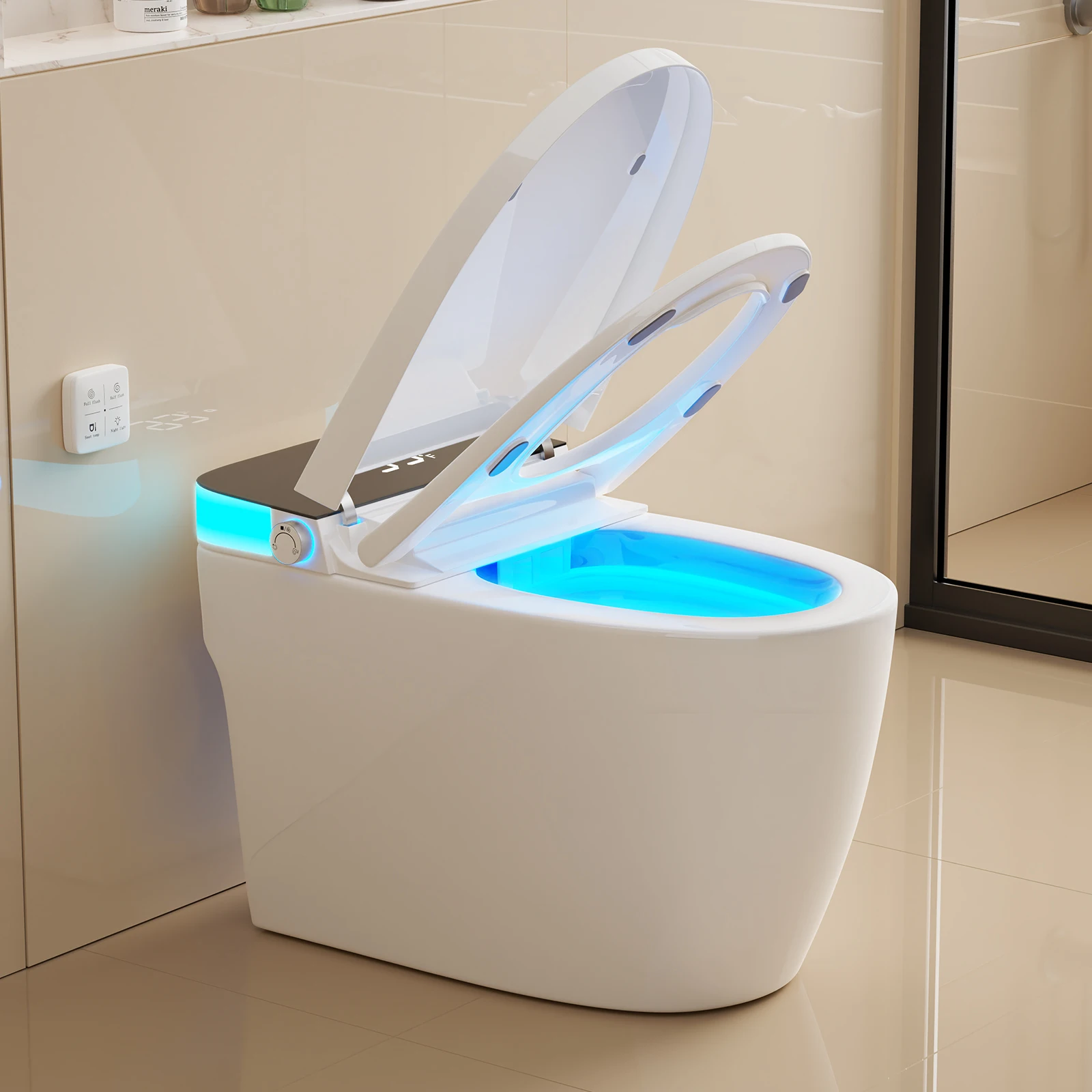 Asiento de inodoro con calefacción inteligente, pantalla de temperatura, luz nocturna, Sensor de pie, Control remoto al ras, protección contra fugas con certificación UL