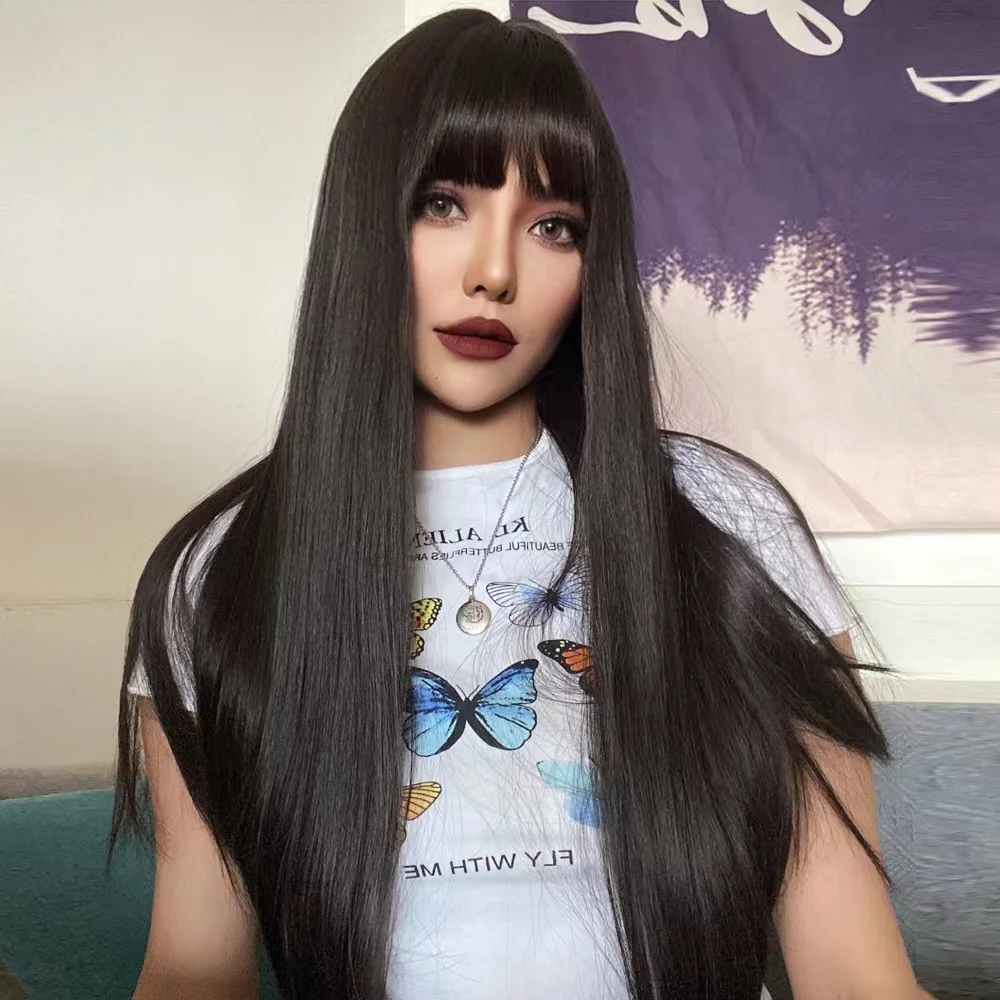 Sivir Synthetic Wigs For Women Long Silky Straight Hair with Bangs Brown-Black Color Heat Resistant Daily/Party/Cosplay