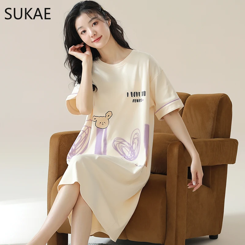 SUKAE Women Summer Nightgowns Leisure Sleepshirt Short Sleeves Pullover Cartoon Dress Kawaii Girl Sleepwear Casual Cozy Long Top