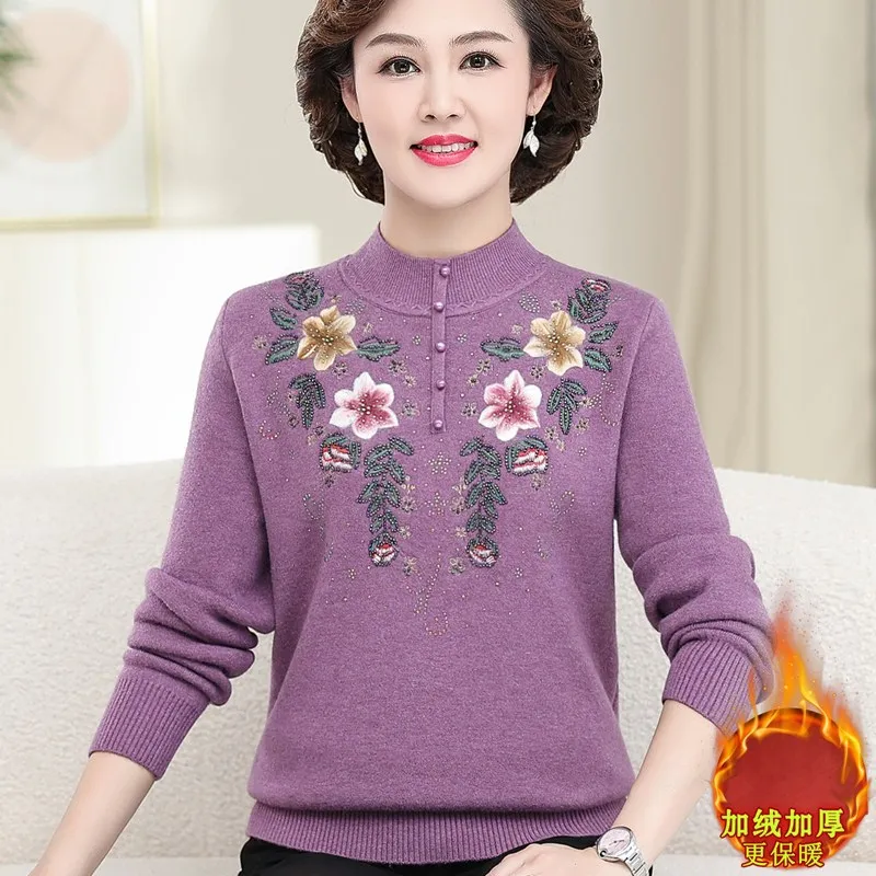 Autumn Winter Mother\'s Add Velvet Embroidered Sweater Warm Knitted Top Middle-aged Elderly Women Thicken Pullover Female Jumper