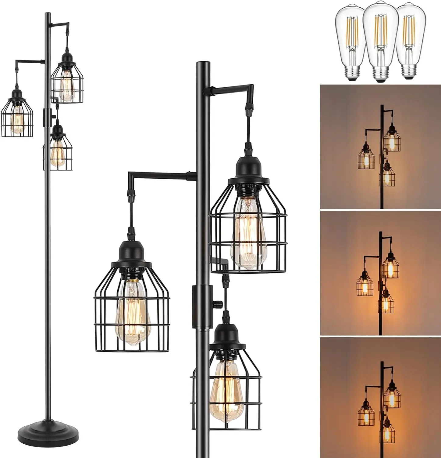 

9MMML Farmhouse Industrial Dimmable Floor Lamp for Living Room, 68" Metal Cage Tree with 3 Lights and LED Bulbs