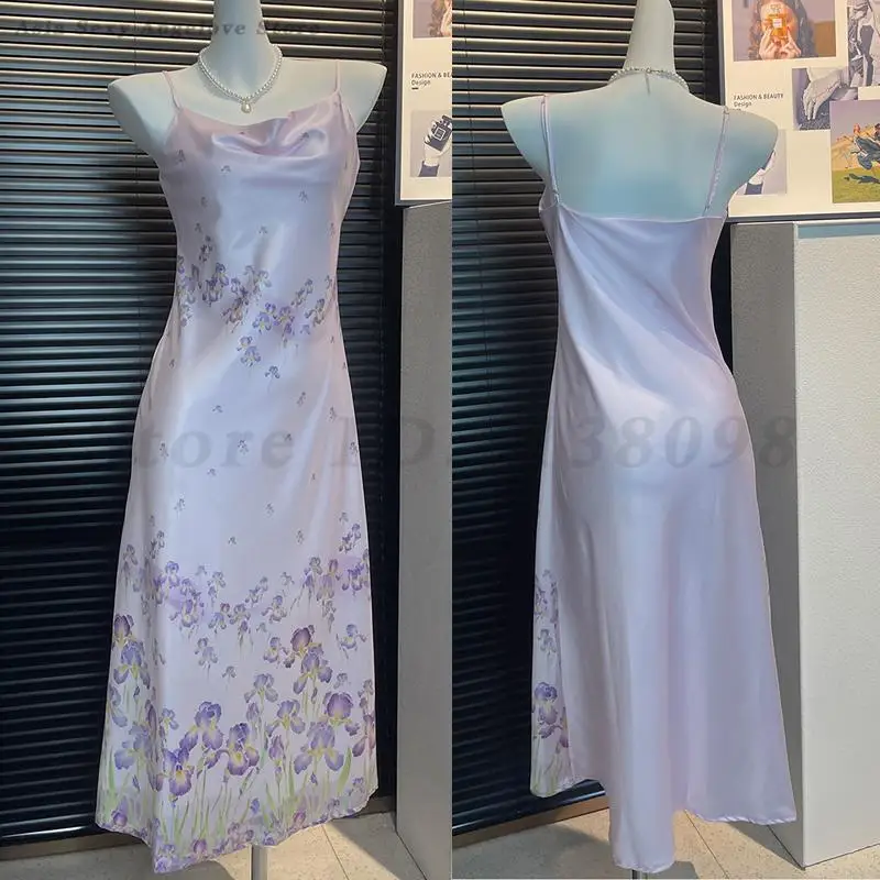 

Spaghetti Strap Nightgown Women Nightdress Satin Summer Sexy Intimate Lingerie Soft Sleep Dress Print Flower Home Dressing Gown