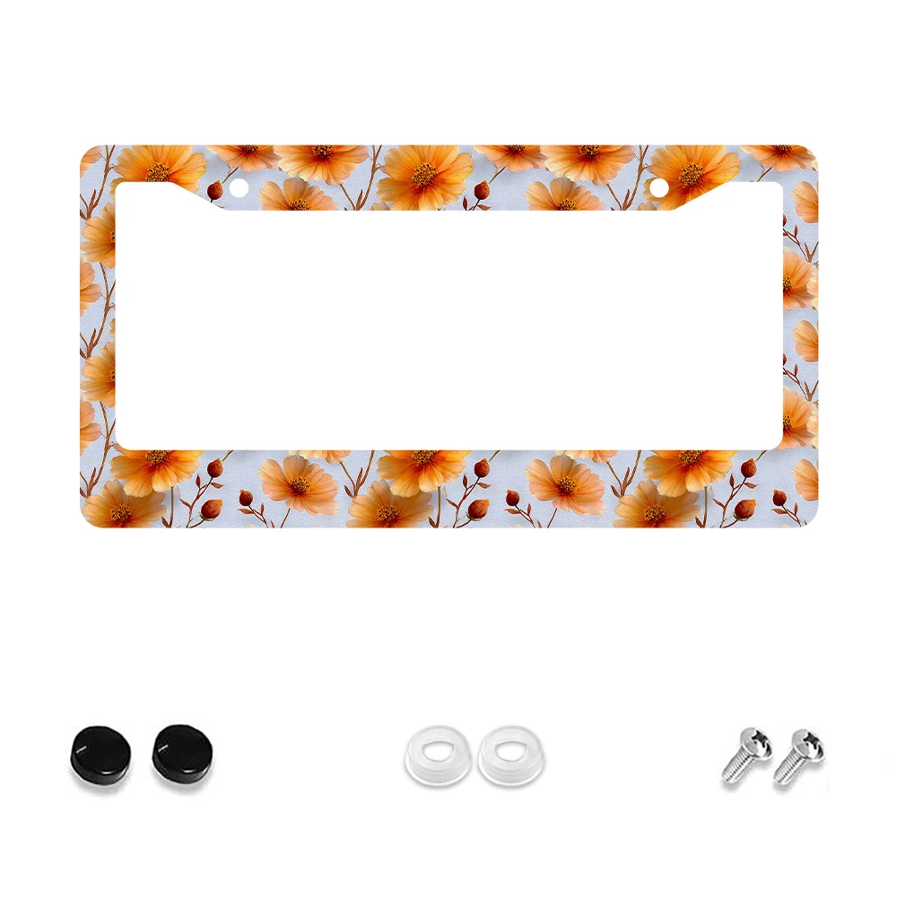 

1 шт. рамка номерного знака с оранжевым цветочным узором и 2 отверстиями, алюминиевый материал, 6x12 дюймов, с комплектом винтов, ретро-новинка для украшения автомобиля