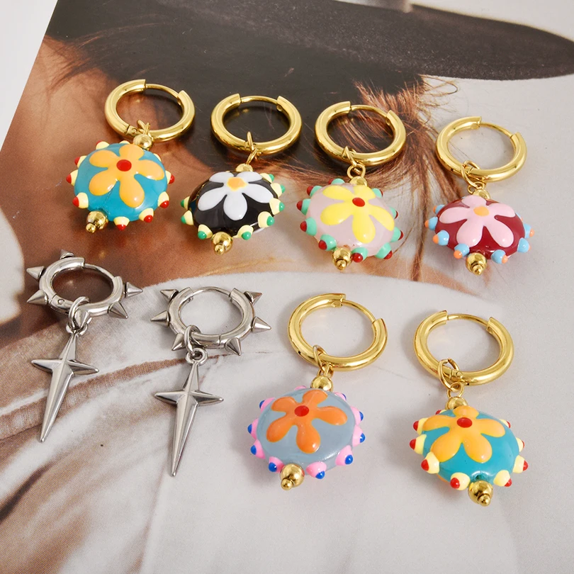 1Pair Dopamine Hand-painted Flower Y2K Girl Ear Buckle Aaretes Stainless Steel Hip Hop  Cross Men Huggies Hoop Earrings Jewelry