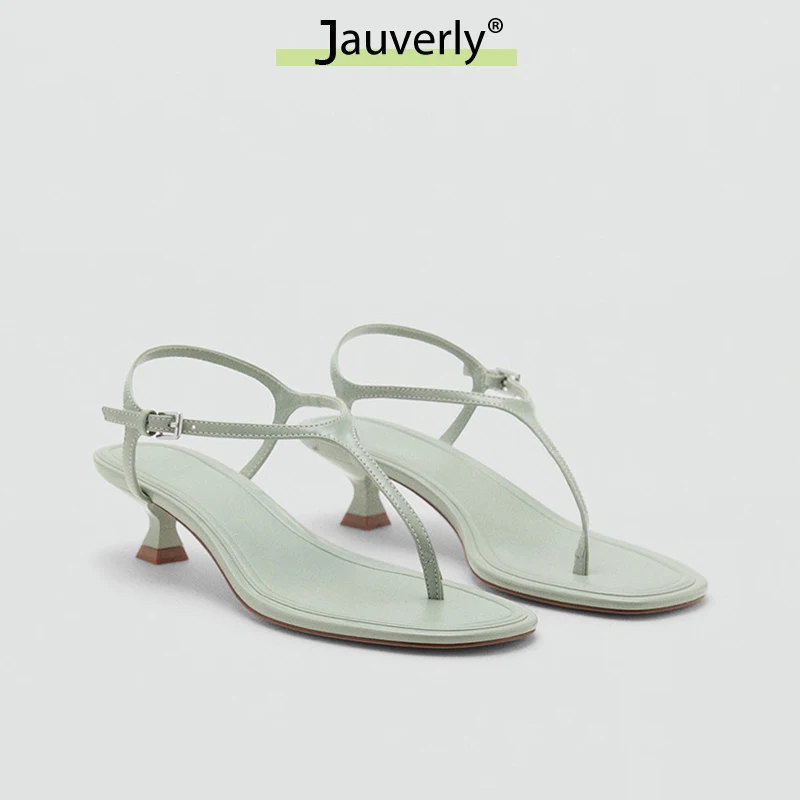 

2026 New Green Kitten Heel Sandals Fashion T-Strap Ankle Buckle Low Heel Sandals Summer Beach Party Elegant Flip Flops Female