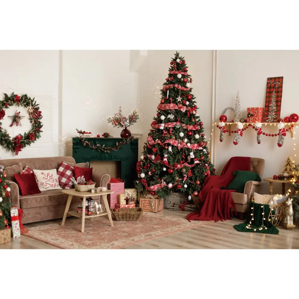 Christmas Living Room Backdrops Photography Decoration Ribbon Tree Fireplace Cusdtom Baby Photocall Photo Booth Background Props