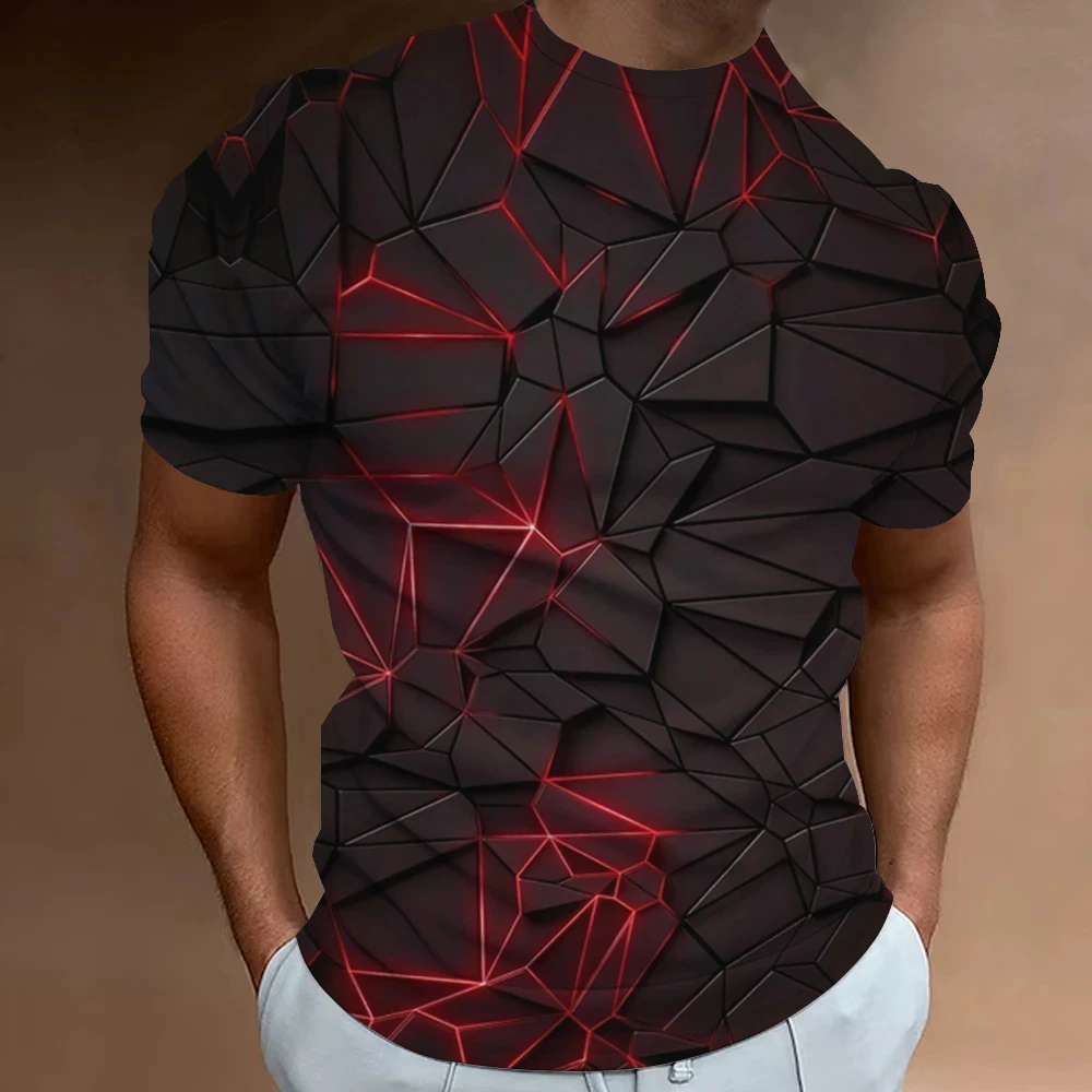 Summer Men T-shirt 3D Geometric Line Print Casual Short Sleeve Tee Round Neck Loose Pullover Cool Tops Fashion Street Sweatshirt