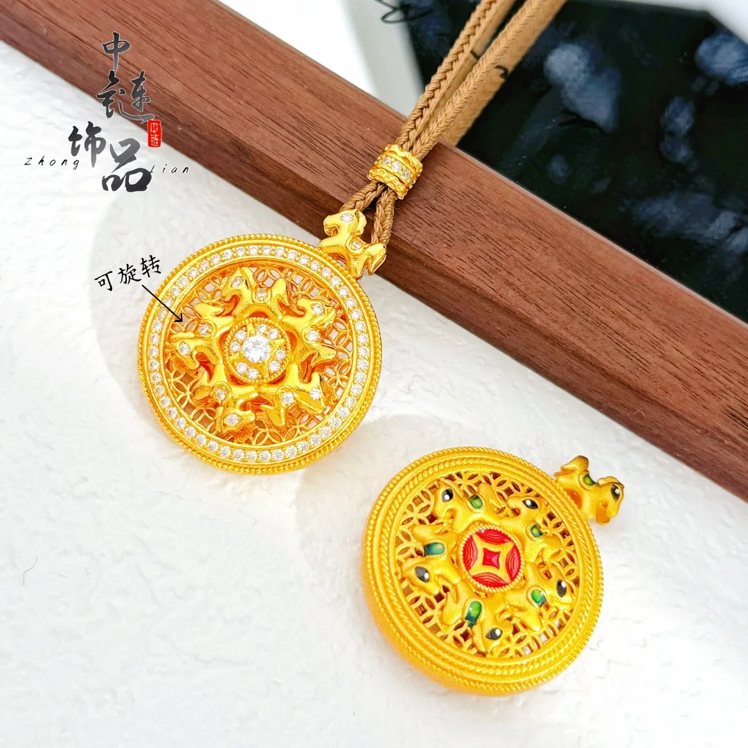 Diamond - set five - horse compass pendant new Chinese style 9999gold