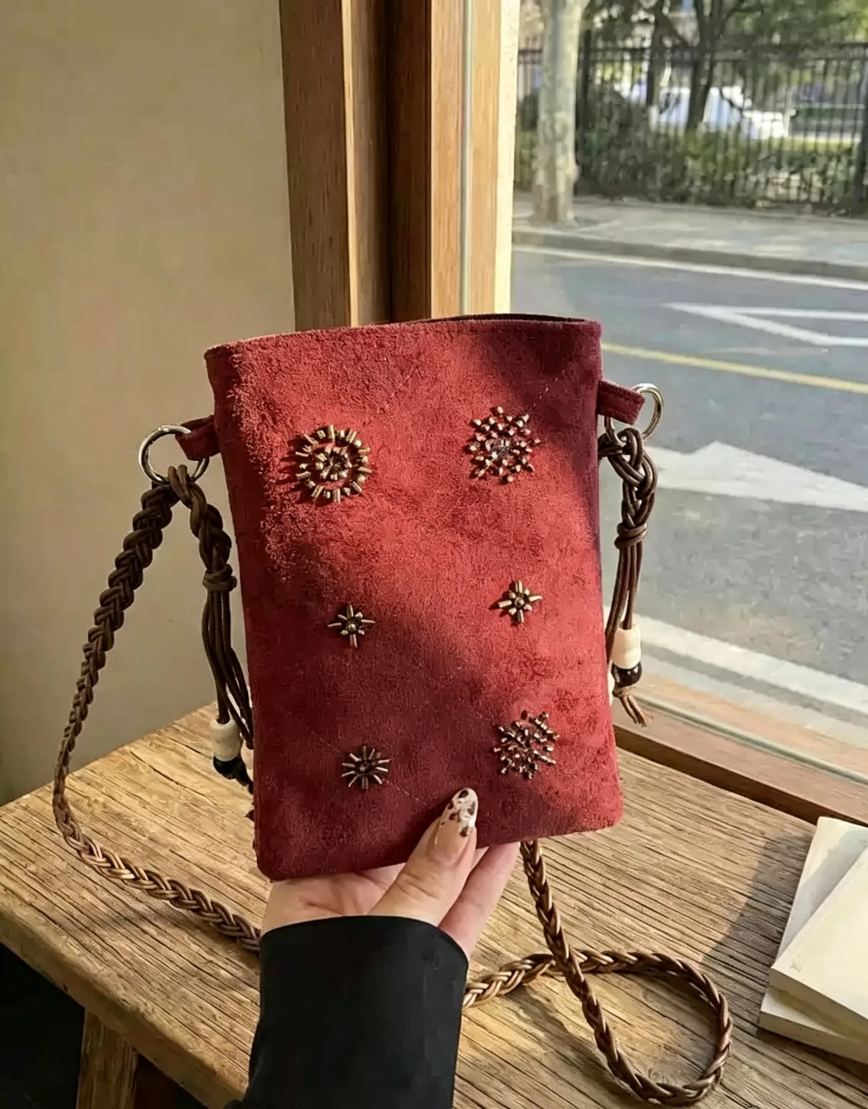 Women Bohemian Mini Phone Crossbody Bag Suede PU Beaded Rivet Small Shoulder Purse With Woven Strap