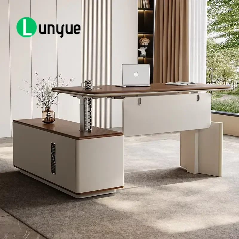 Modern Ergonomic Sit Stand Desk Adjustable Height with Built in Wooden Lockers for Home Office Workspace Space Saving Storage