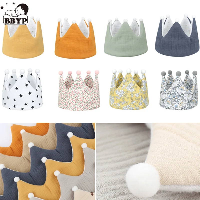 Double Sided Cotton Baby Birthday Crown Hat Soft Adjustable Empty Top Headband for Newborn Photography Props Cap Party Bonnet