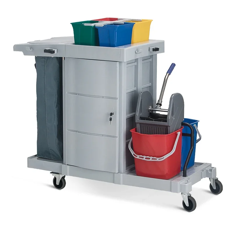 Multifunction Restaurant Hotel Cleaning Trolley Janitor Service Cart With Mop Wringer Bar Laundry Trolley Cart