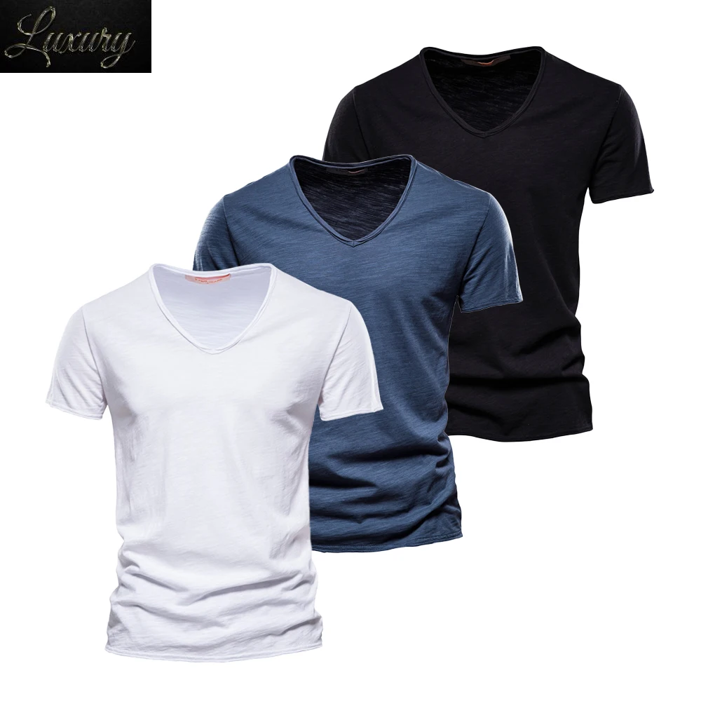 

3 PCS Sets 100% Cotton Men's T-Shirts Fashion Design V-neck Casual Slim Fit Basic Solid Summer T Shirt For Men