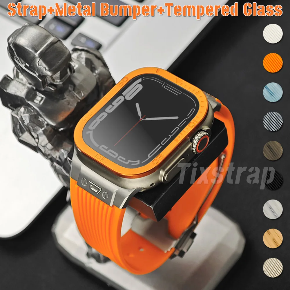 Soft Silicone Metal Bumper+Tempered Glass For Apple Watch Ultra 2 49mm Sport Band Screen Protector Anti-peeping HD Full Film 49