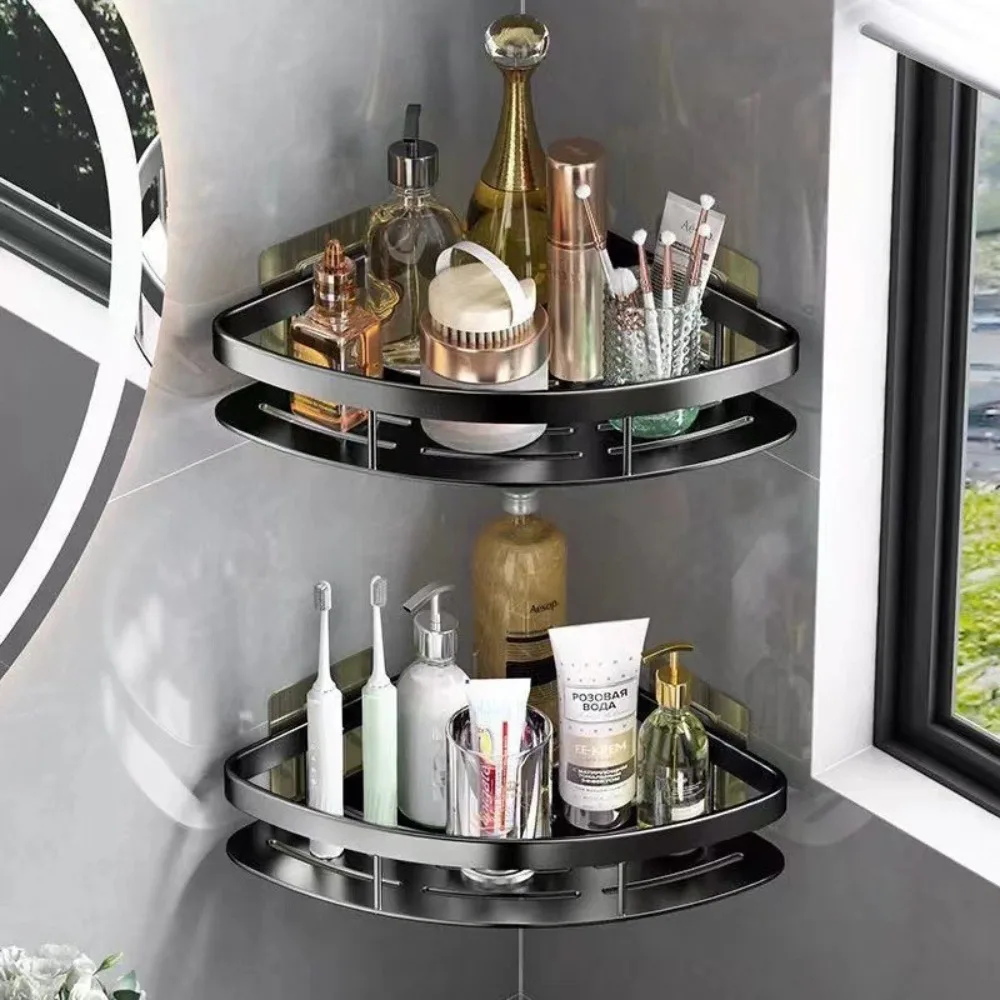 Triangular Bathroom Storage Rack Paste Rack Free Punching Bathroom Glass Shelf Waterproof Space Aluminum Shower Corner Shelf