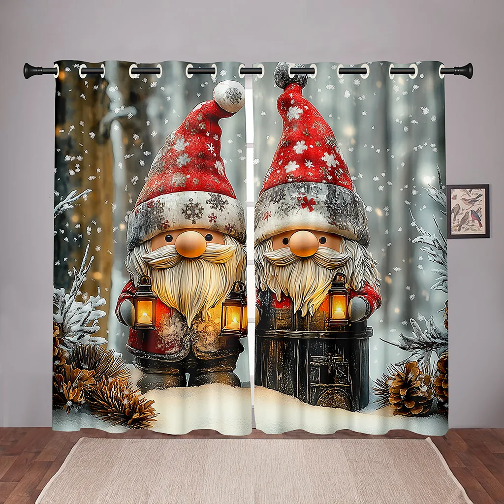 Christmas Gnome Curtains 2 Panels 3D Print Sun Block Winter Holiday Decor Bedroom Living Room Snow Lantern Pattern Cozy Festive