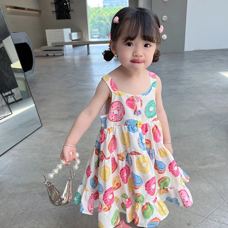 Girl Suspender Fluffy Dress Summe Girls Cartoon Printing Ruffled Design Sleeveless Dress Mid-Calf Beach Cool Casual Dress 3-8Y