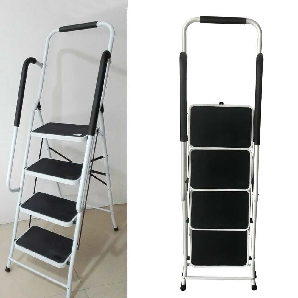 4 Step Ladder with Handrails, Folding Step Ladder Portable Steel Stepladder for Kitchen Home, 150 kg Capacity, Easy to Store