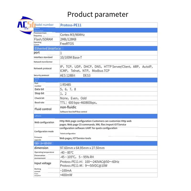 

AC56-DIN-Rail Последовательный порт RS485 в Ethernet Конвертер Сервер Protoss MQTT PE11-H Поддержка Modbus TCP RTU