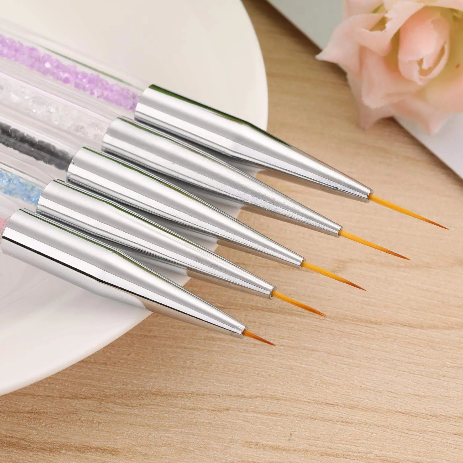 5pcs/Set 2 In 1 Dual-Ended Nail Art Liner Brushes With Crystal Handle Professional UV Gel Dotting Painting Drawing Pen DIY Tools