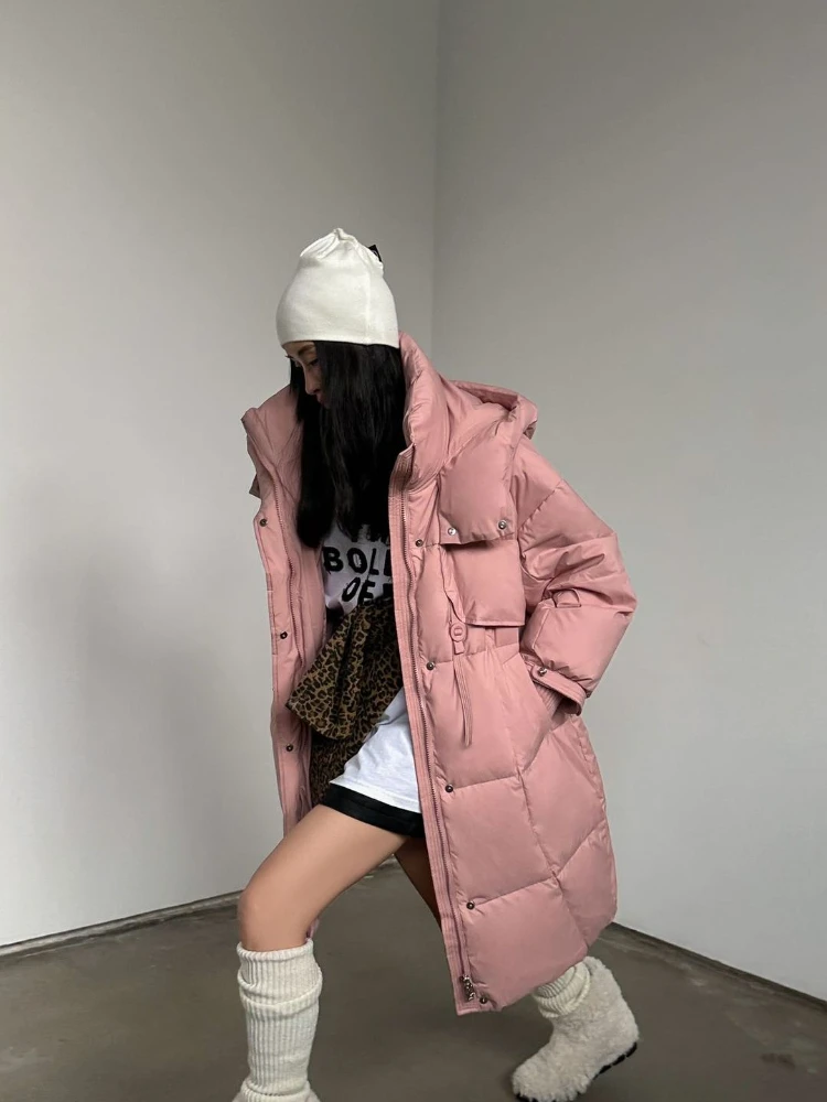 2025 Winter New Long Windproof Down Jacket Women Loose Korean Style Loose Over-The-Knee Parkas Hooded Warm Thickened Coat Lady