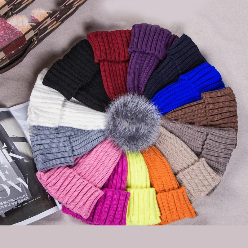 Hot Winter Big Real Fur Pompoms Knitted Beanies Caps New Thick Warm Knit Hats  For Girls Women Boy and Child Hat Men