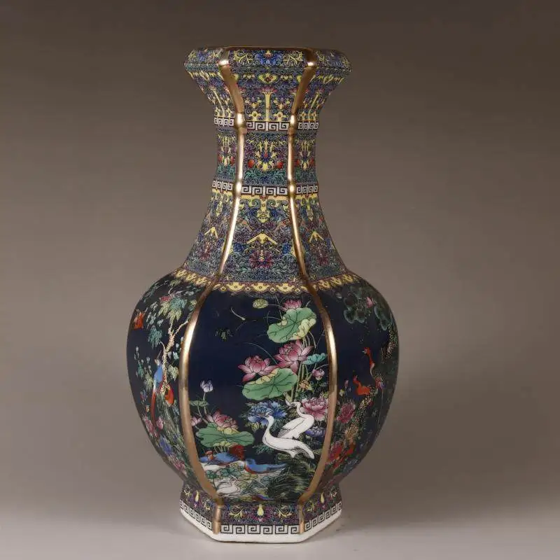 

Chinese antique porcelain collection Qianlong enamel painted flower bird hexagonal deep blue vase modern exquisite crafts