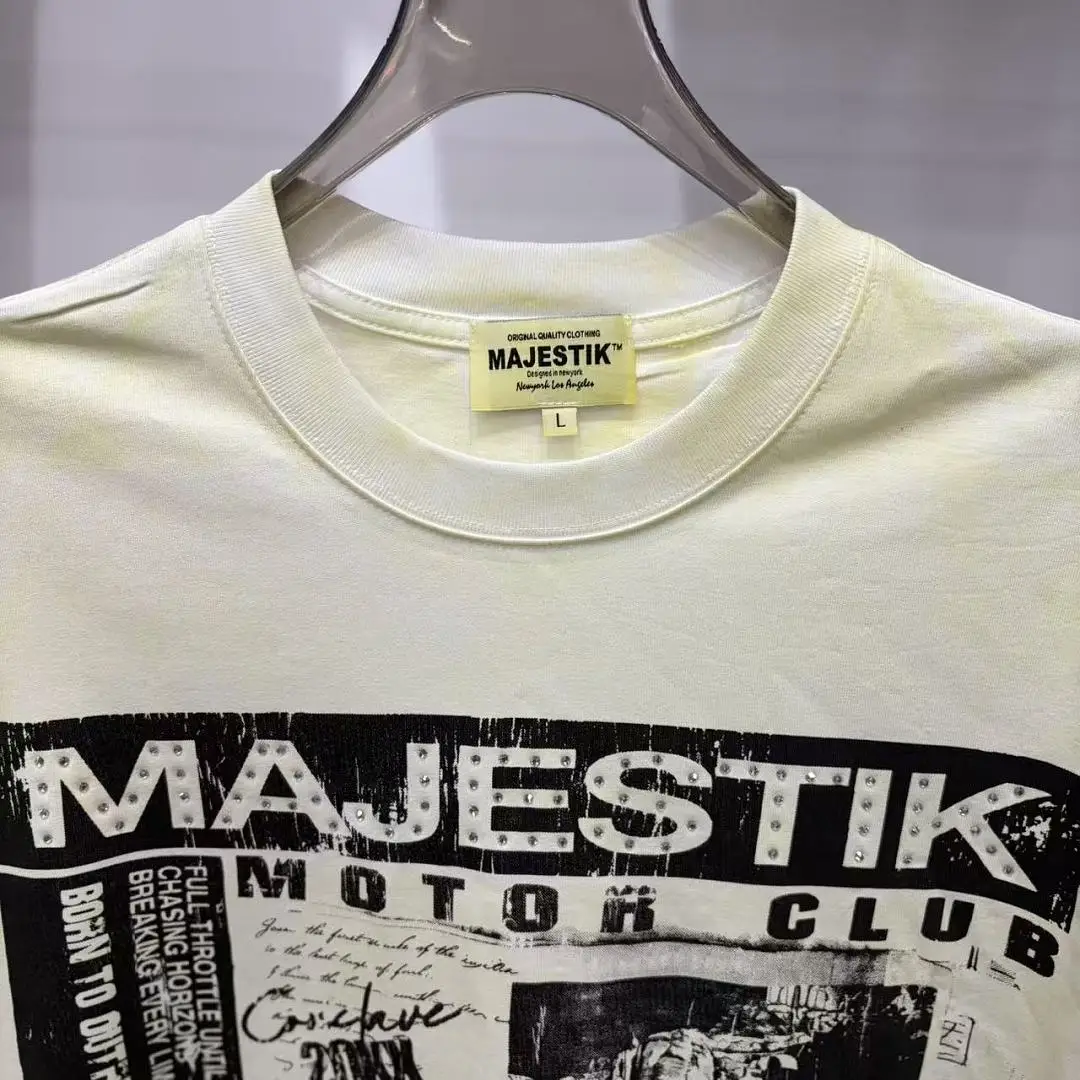 Majestik Motor Club T-Shirt Men Y2K Vintage Washed Motorcycle Cross Print Oversized Streetwear Hip Hop Short Sleeve Tees