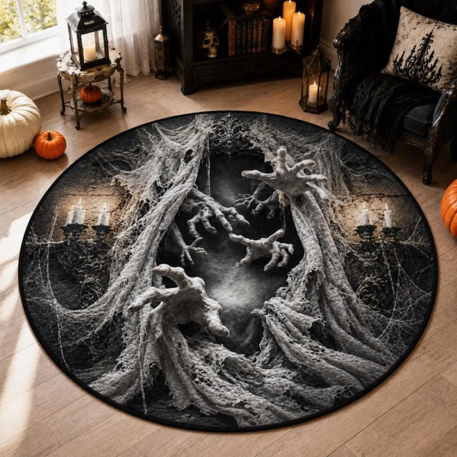 【Room Decoration Carpet】Halloween Quilted Carpet, Ghost Round Carpet, Spooky Spider Web Floor Decor, Haunted House Carpet, Gothic Halloween Home Decor, Horror Gift