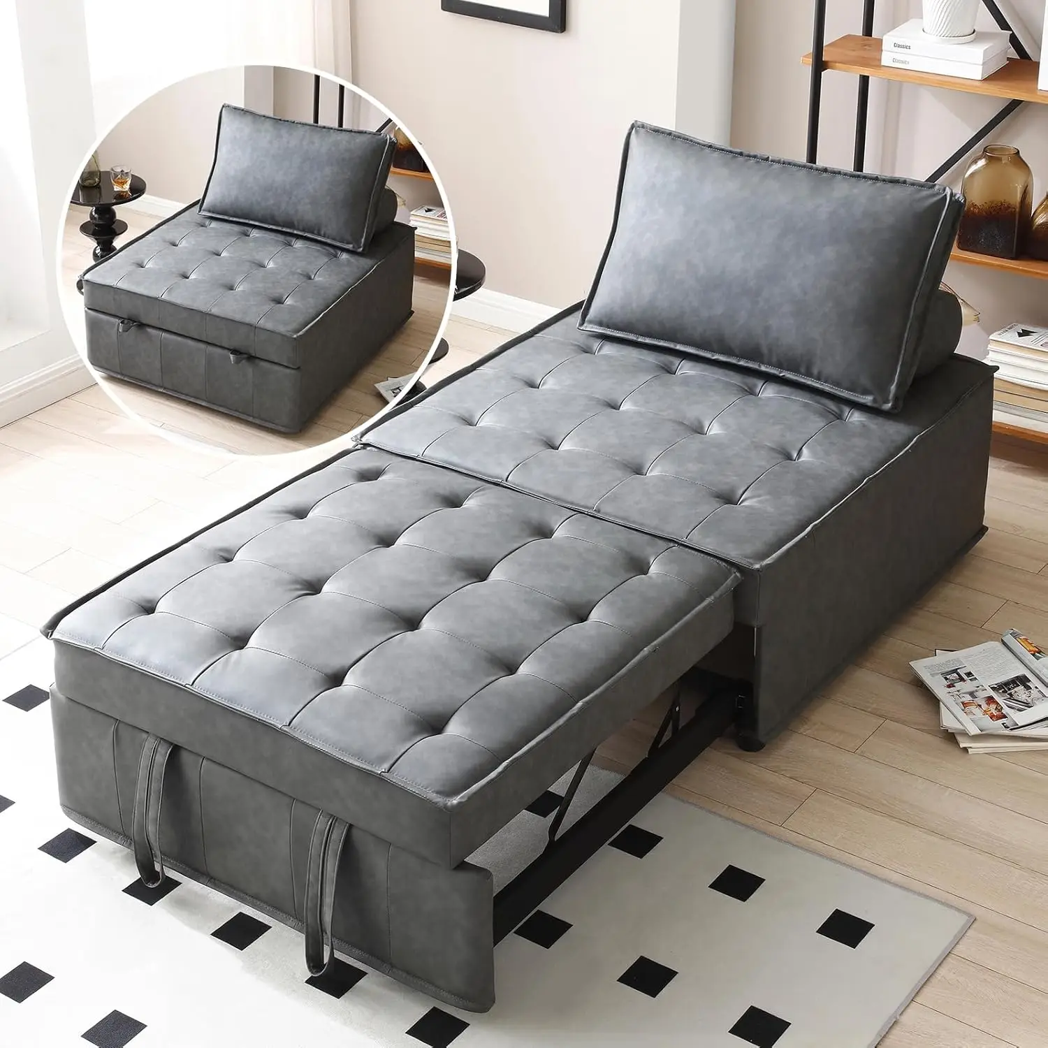 Nioiikit Convertible Pull Out Sleeper Sofa Bed, Modern Pu Leather 2-In-1 Single Lazy Sofa, Ottoman With Backrest And Pillow For