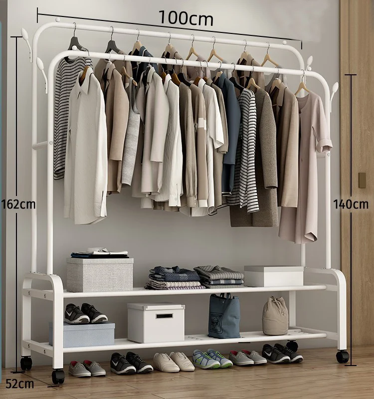 Multifunctional Double Rod Portable Clothing Hanging Garment Rack Commodity Shelf Wheel Home Metal Organizer for Shoes Bags Move