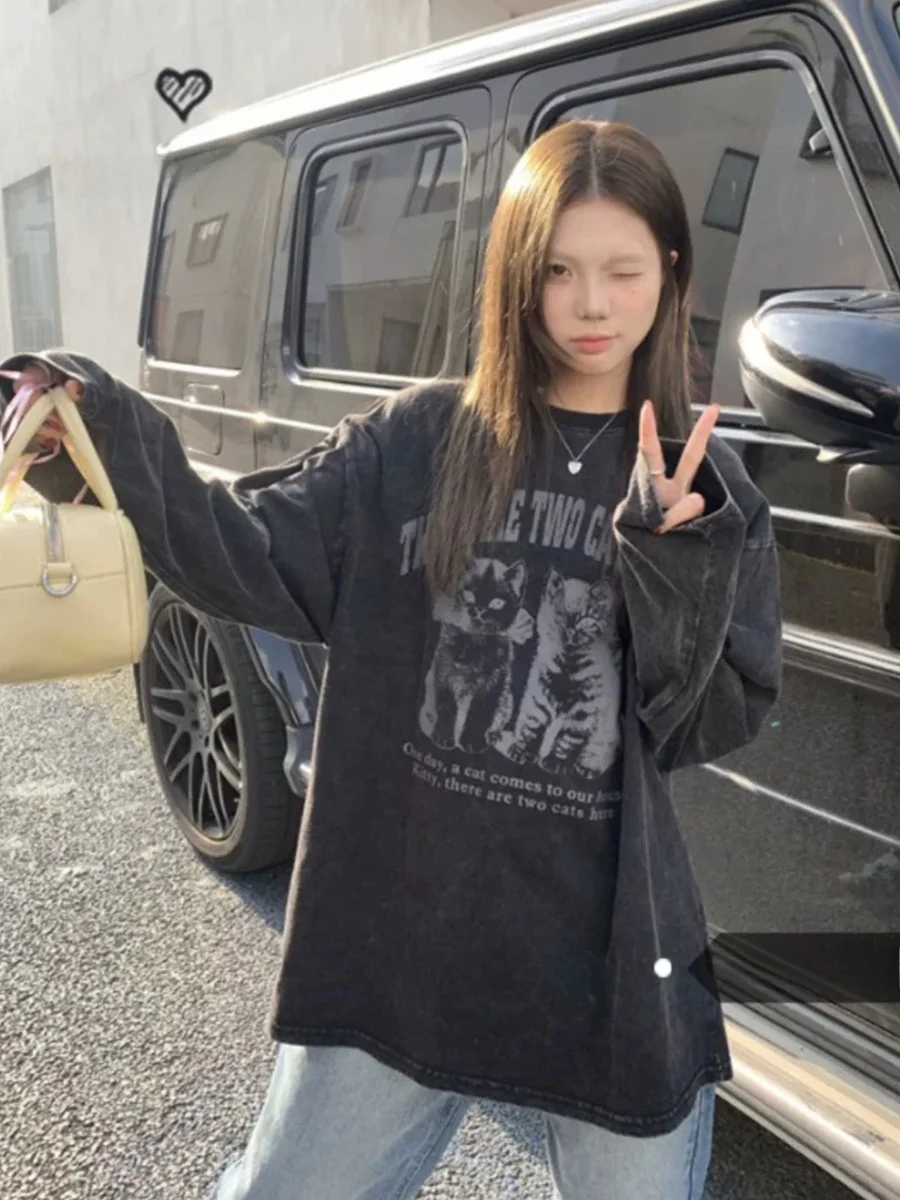 Waed Cotton Long Sve T-irt Women's Spring Autumn Loose Overhead Design Sensation Small Ins Trend  Print Vintage Sle