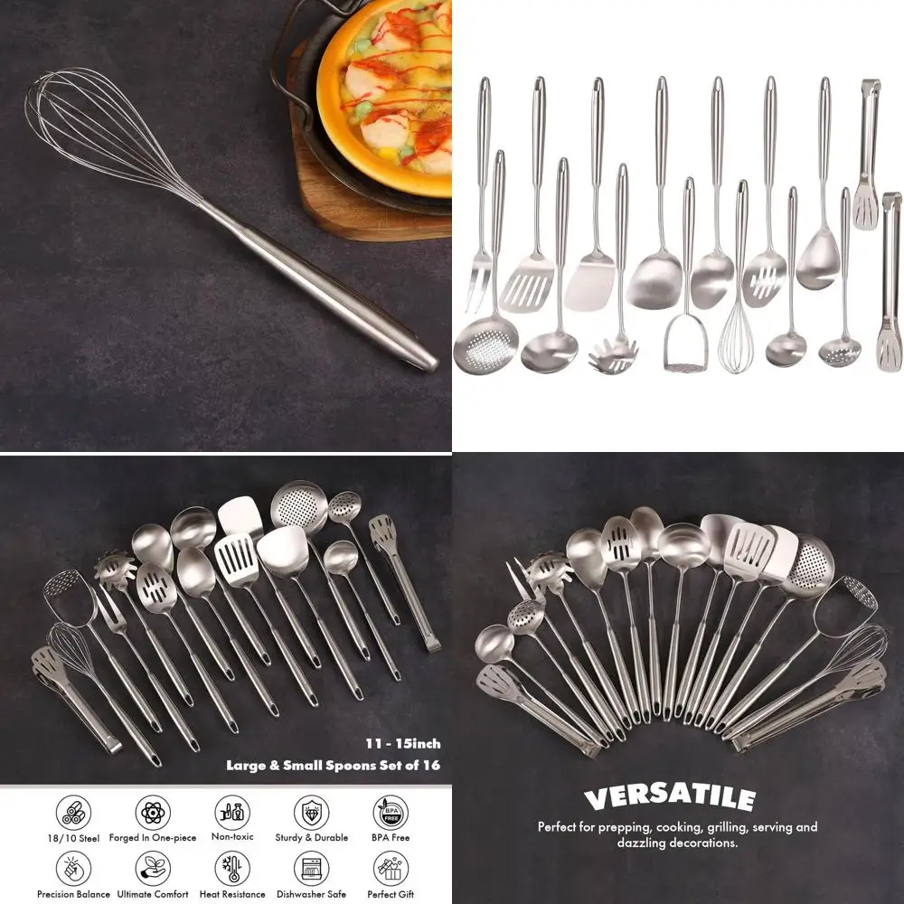 

16-Piece Metal Kitchen Utensil Set: Whisk, Masher, Fork, Tongs, Spoons, Spatula, Turner, Ladle, Skimmer, Pasta Server