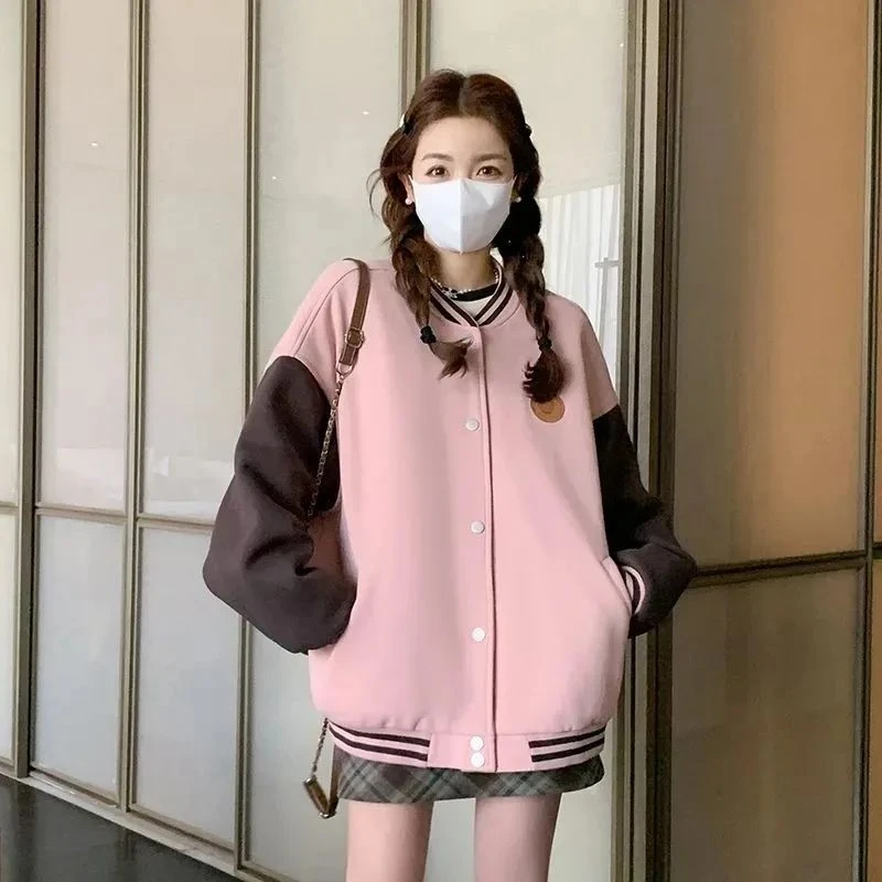 Pink Retro Hoodie  Academy Style Baseball Suit Jacket Women's Spring 2025 New Design Sense Contrast Color Stitching Sweatshirt