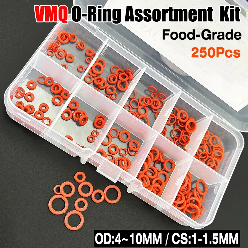 

CS 1mm-1.5mm OD 4mm~10mm Food Grade VMQ O-Ring Silicone Seals Assortment Kit Heatproof 250PCS/1box Non-Toxic Red Gaskets