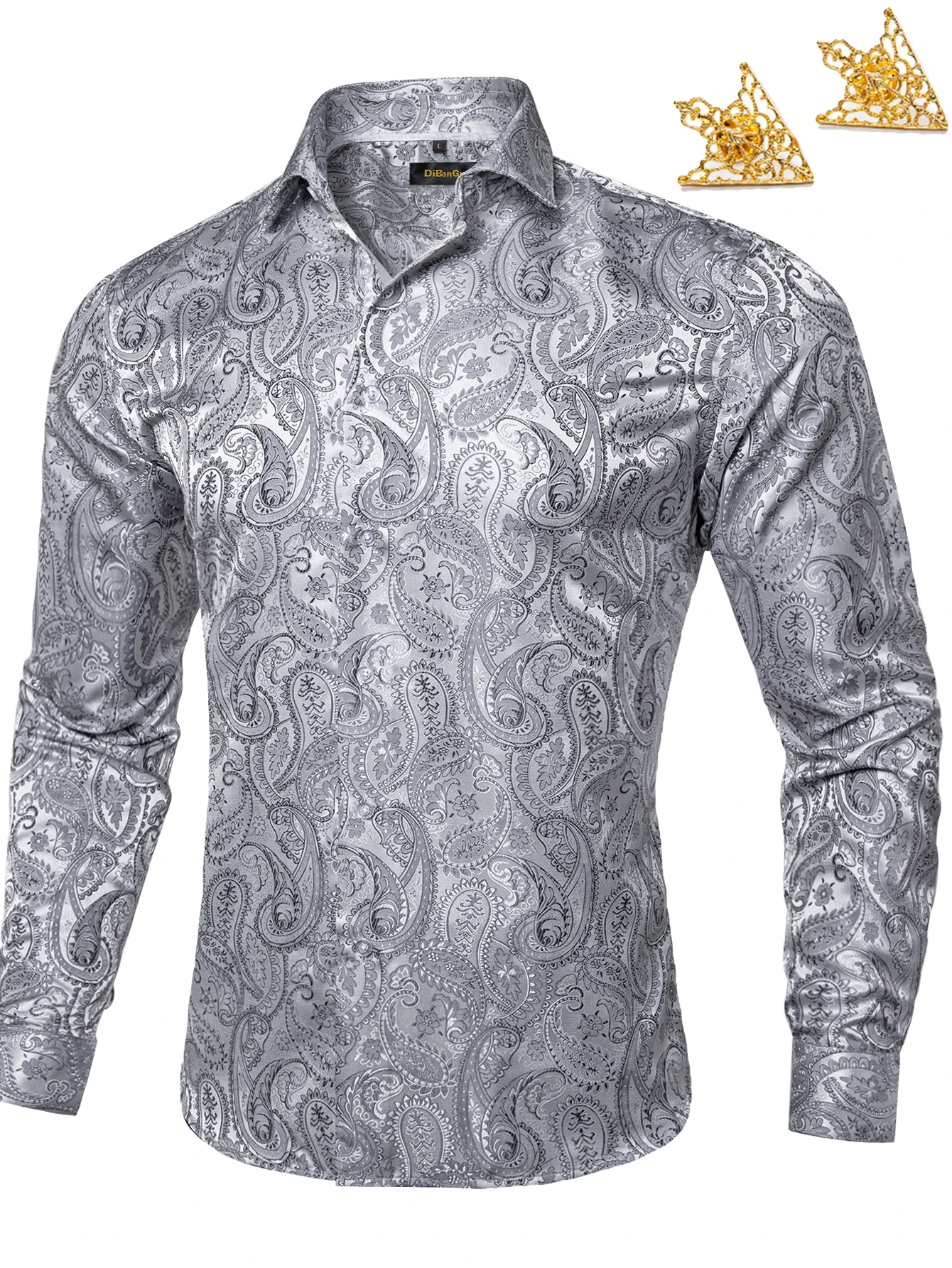 Men Slim Fit Paisley Pattern Long Sleeve Dress Shirt, Floral Print Button Shirt with Collar Pin, Multi Colors for Party