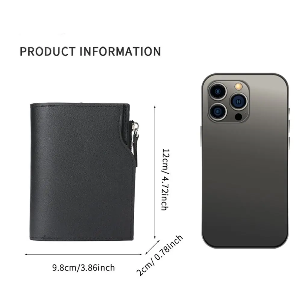 Carteira curta de couro PU da moda com zíper Bolsa de telefone fina porta-cartões de cor sólida masculina