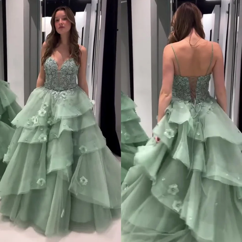 Personalizado jiayigong brilho requintado de alta qualidade cinta espaguete vestido baile até o chão vestidos organza personalizado