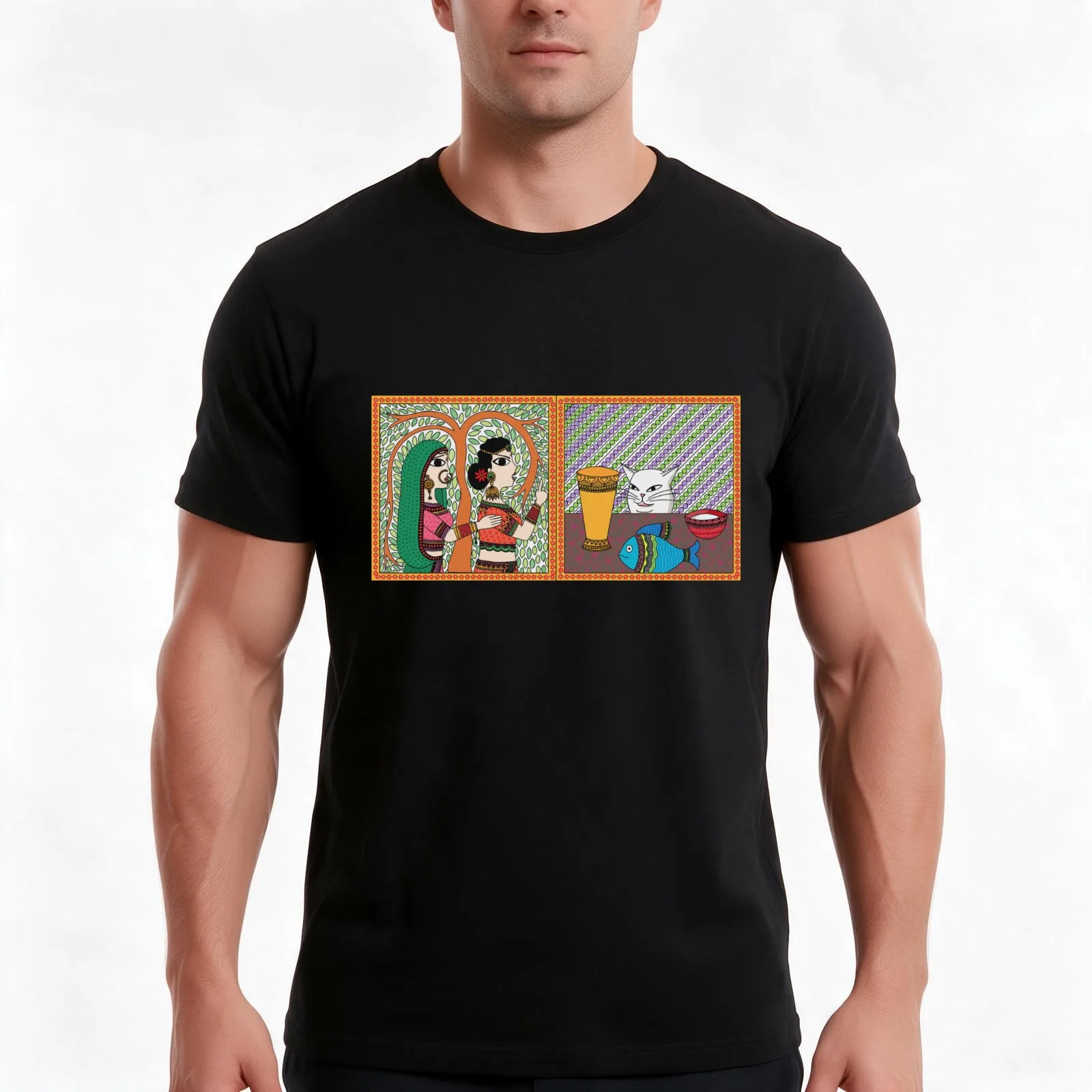Woman yelling at cat meme Madhubani (Indian folk art) T-Shirt, Summer Casual Cotton Tee, Oversized Streetwear Tops, 100% Cotton