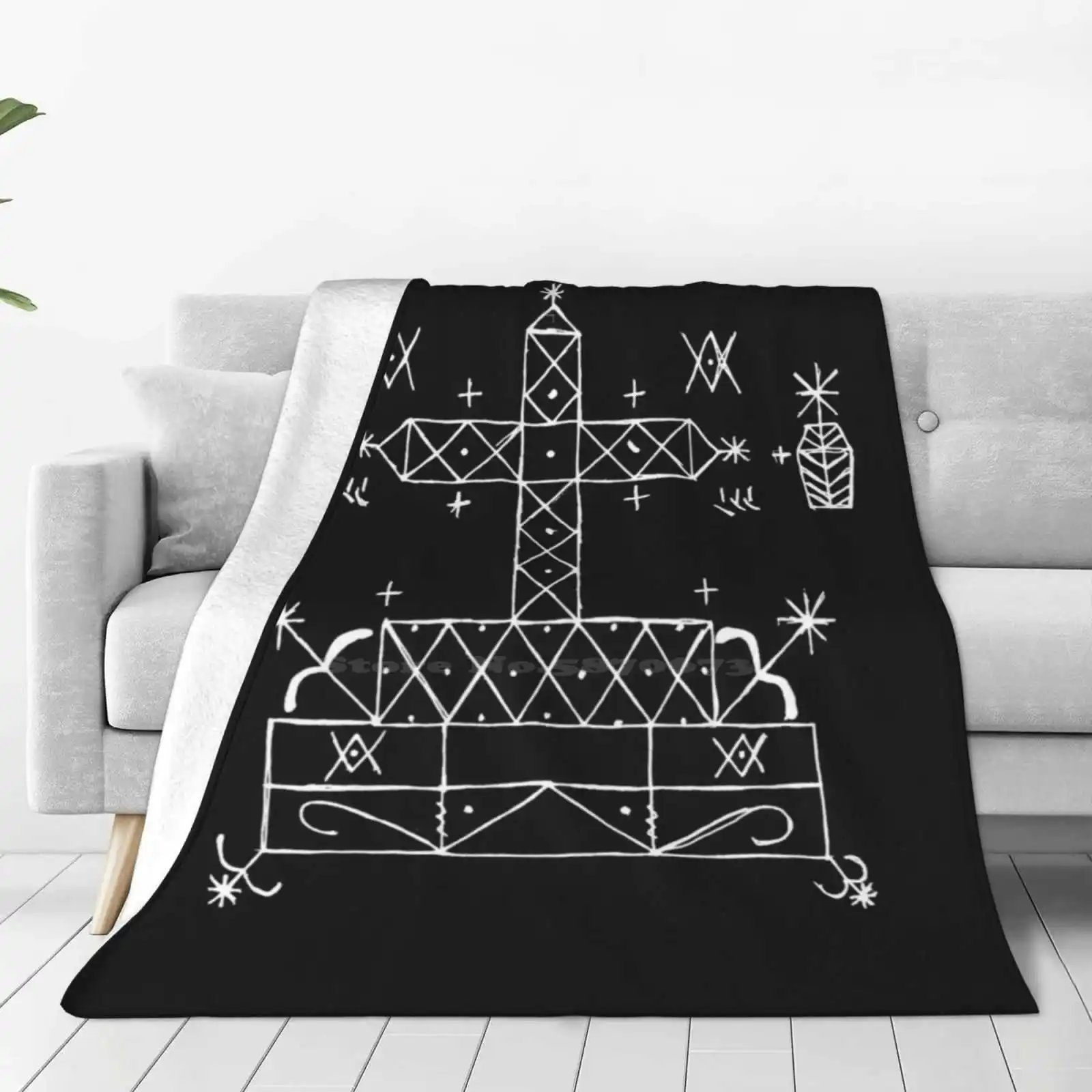 Baron Samedi Voodoo Veve ( White ) All Sizes Soft Cover Blanket Home Decor Bedding Voodoo Hoodoo Woodoo Vodou Vaudou Haitian