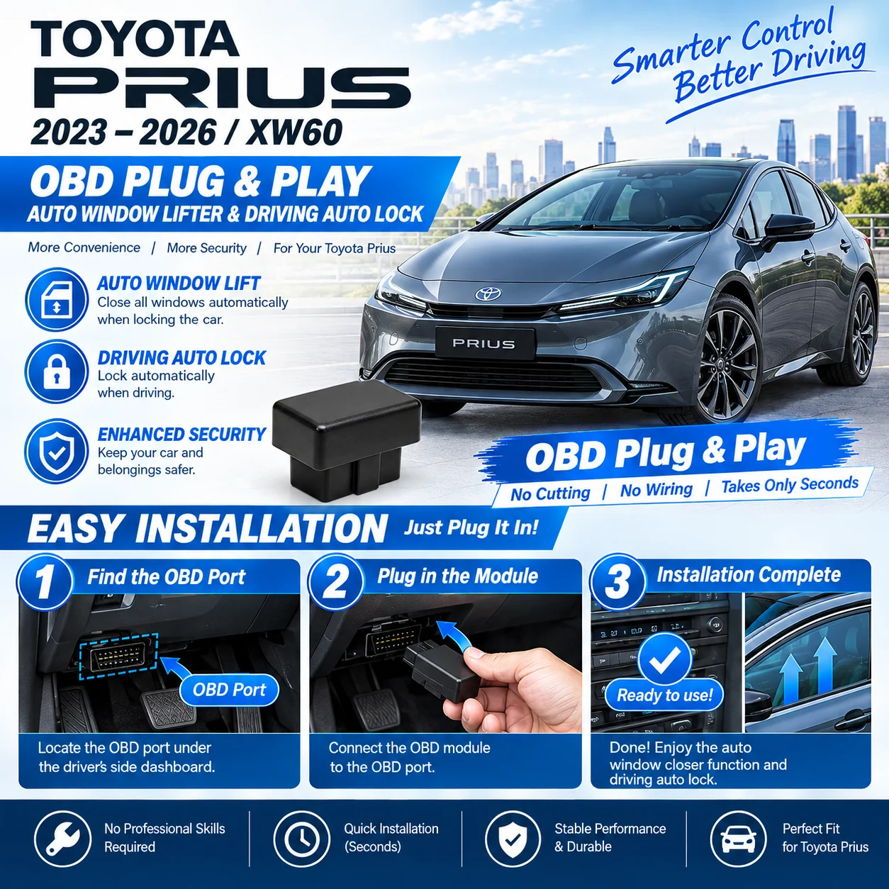 OBD module for Toyota Prius 2023–2026 (XW60) automatic window closing upon door closure and automatic door locking while driving