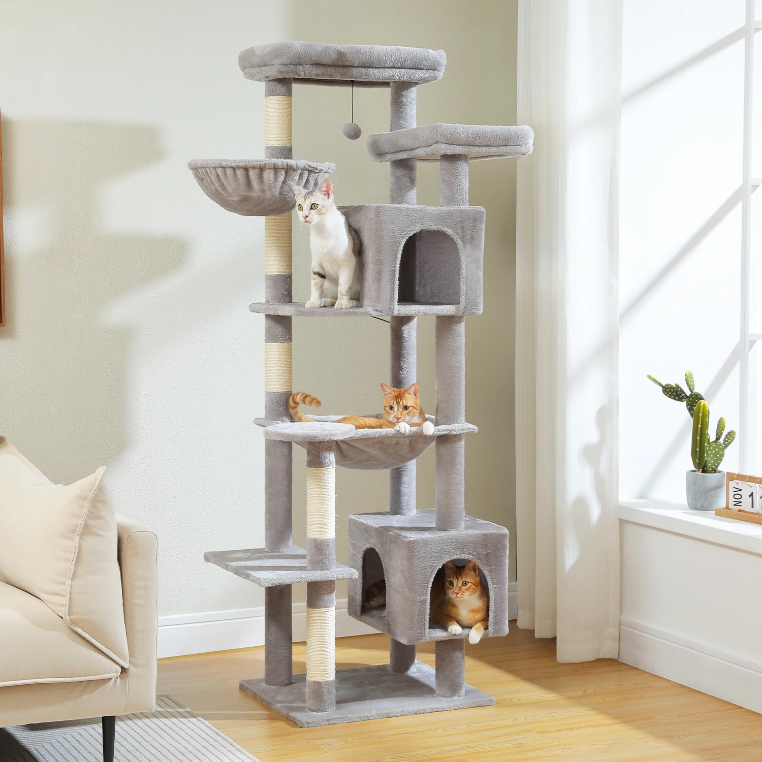 Tall Cat Tree for Indoor, Multi-Level Tower with Super Large Hammock, Scratching Posts, Cozy Condo, Soft Top Perch, Cat Toys