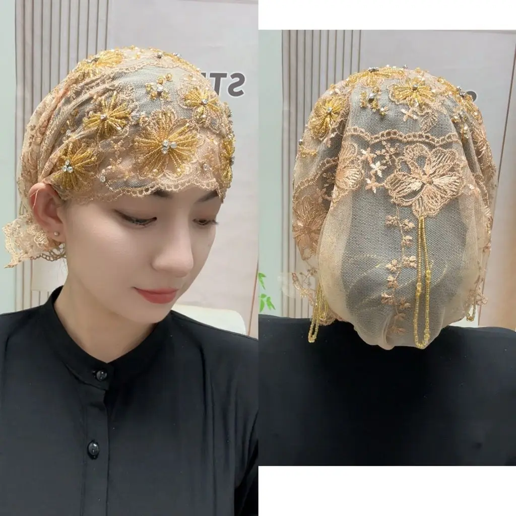 Luxury Women's Black Hijabs Mesh Fabric Bead Hat with Diamond Double Layer Embroidered All-match Shawl Hats Gorgeous Party