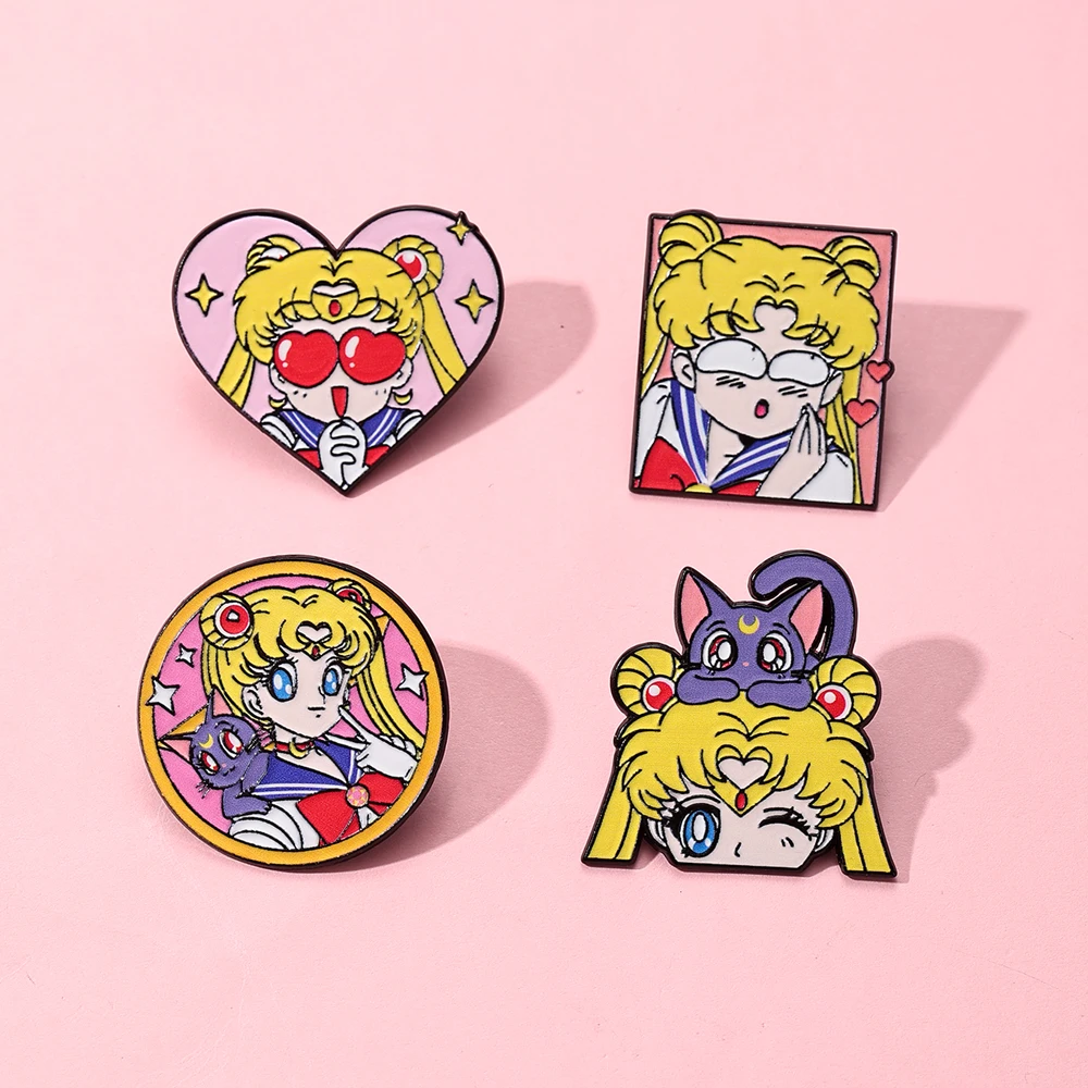 4 Pcs Sailor Moon Heart Shape Enamel Pins Cartoon Brooch Creativity Metal Badges for Backpack Clothing Jewelry Holiday Gift