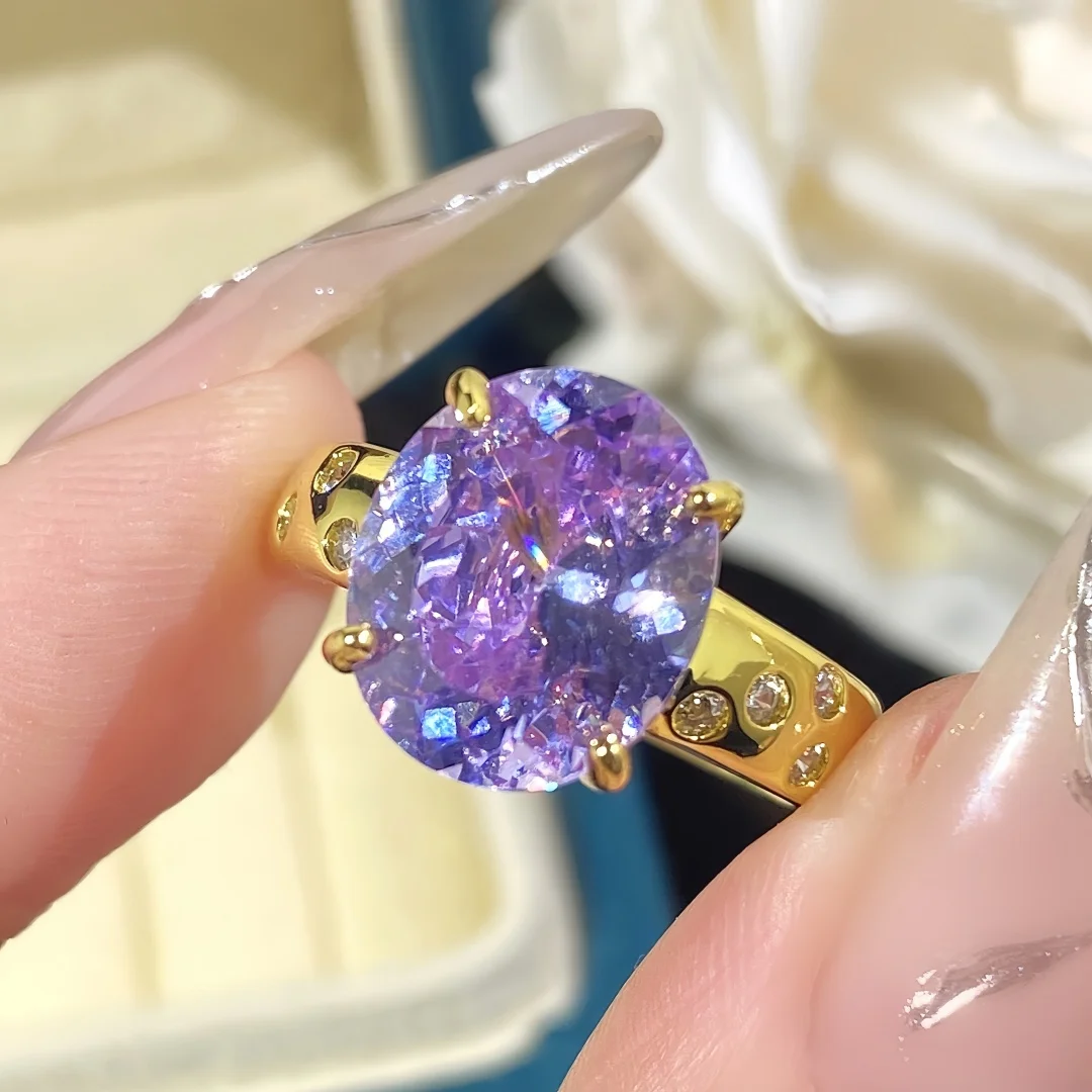 925 Sterling Silver Light‑Luxury Vintage Ring for Women, Inlaid with Purple Gemstone Pigeon‑Egg‑Shaped High‑Carbon Diamond