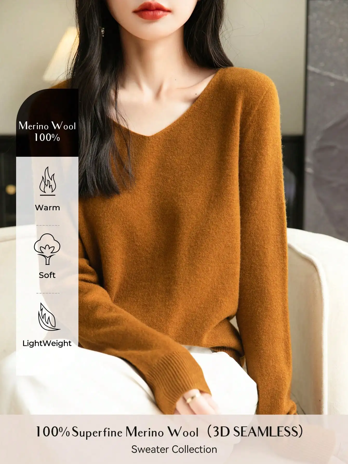 

100% шерстяной свитер из мериноса с V-образным вырезом для женщин, мягкий, теплый, легкий пуловер для осени и зимы