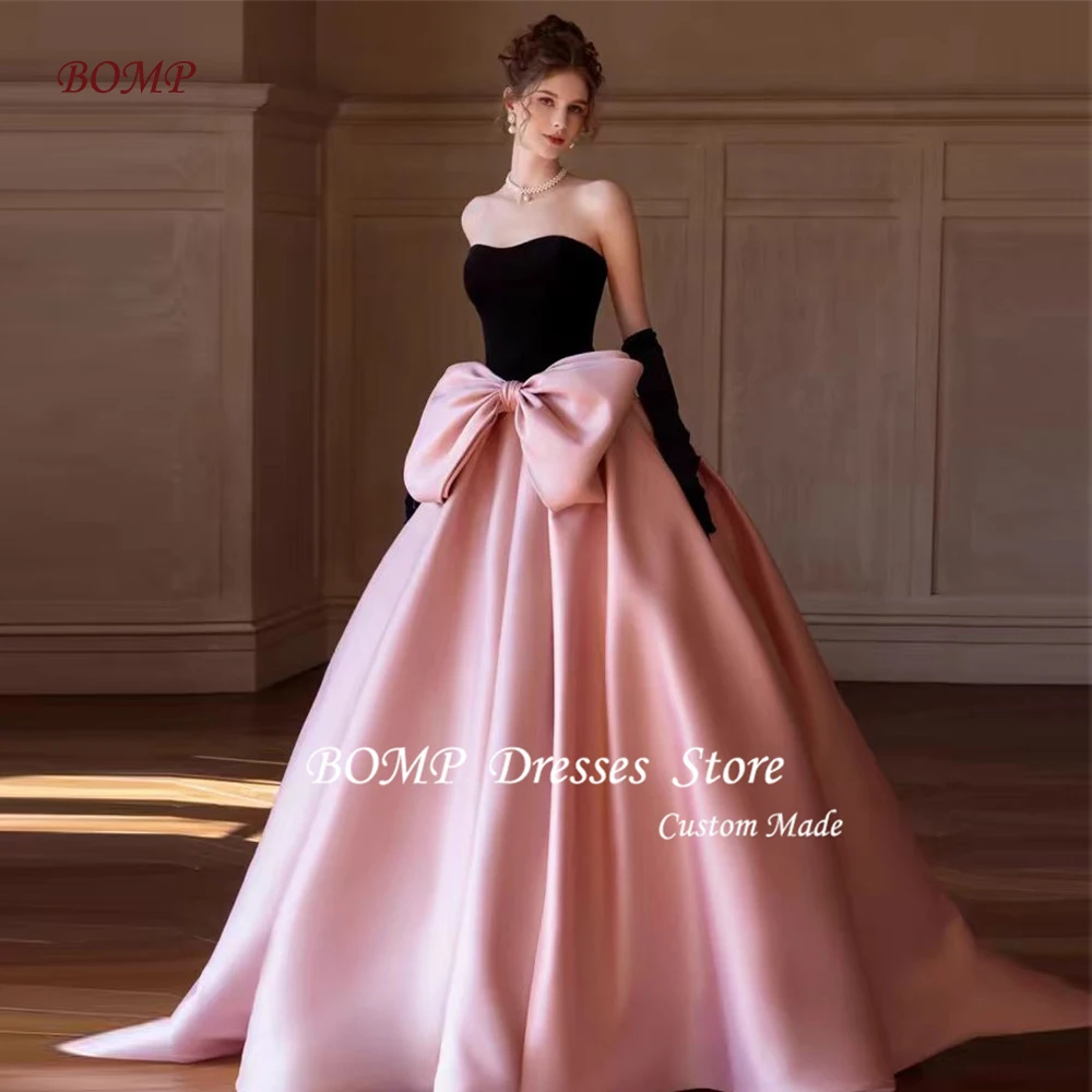 BOMP Princess Pink And Black Party Dresses Long Evening Gowns Black And Pink Satin Big Bow Front Prom Gowns Customized Vestidos