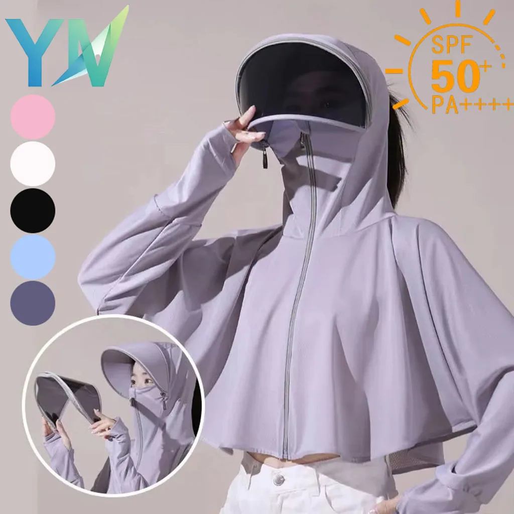 

Womens Summer Sun Protection Jacket with Face Mask Ice Silk Breathable Thin Full Face Neck Cover for Cycling Driving Running