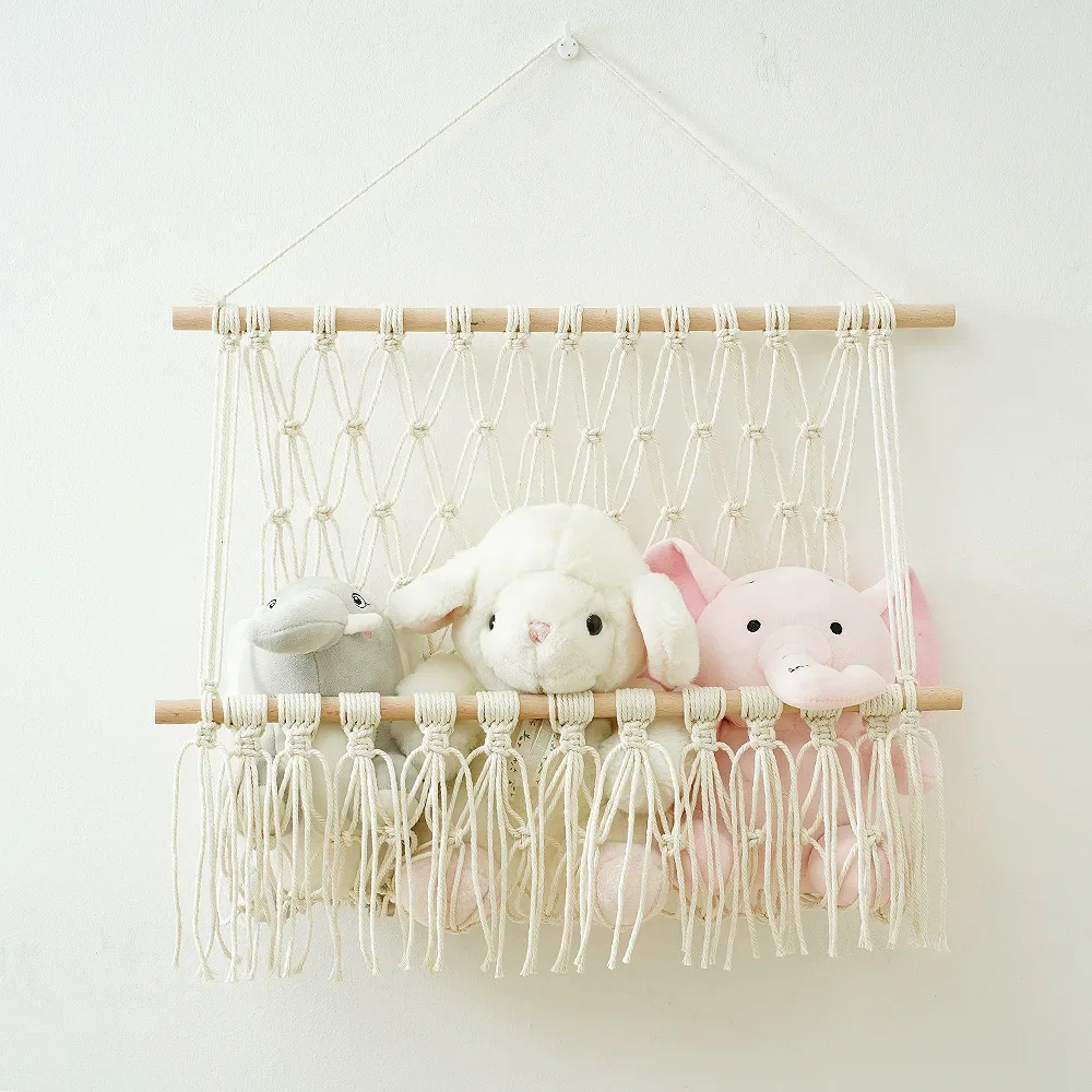 Nordic Hand-woven Cotton Rope Macrame Toy Doll Book Storage Hammock Hanging For Nursery Playroom Bedroom Decoration Wall Shelf